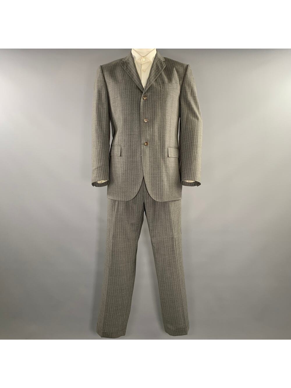 POLO Chest Size 44 Grey Pinstripe Wool Notch Lapel 36 30 Suit
